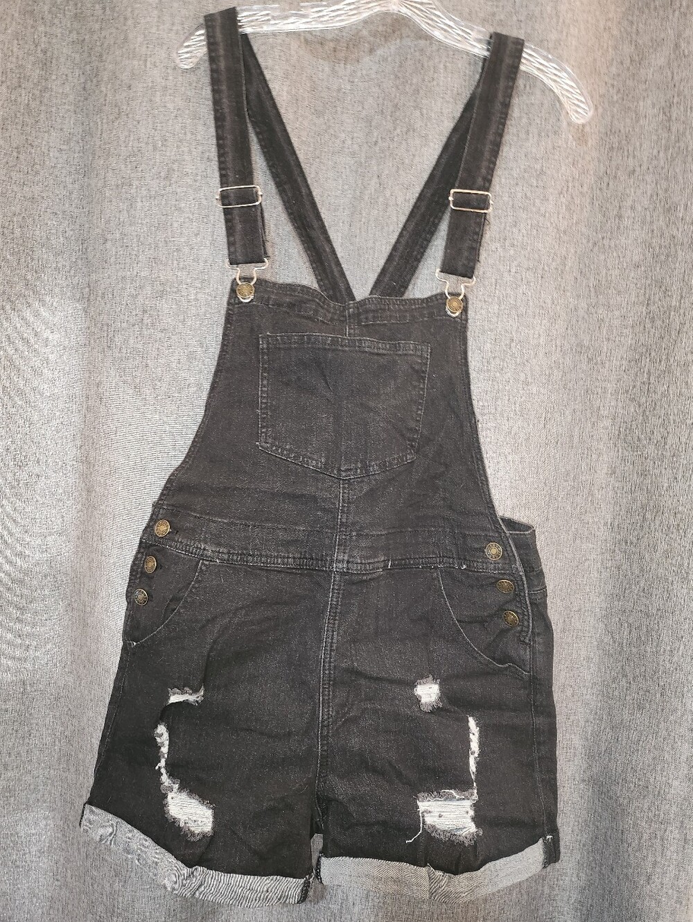 Black Distressed Denim Short Overalls